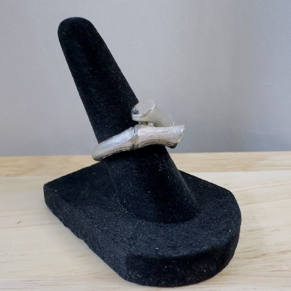 Trifari Silver Tone Bypass Ring Textured Bamboo Style Size 7.5 Vintage - Picture 8 of 14